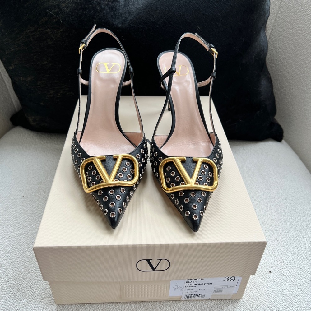 Valentino V Logo Perforated Black and Gold Women's Shoes sz 39